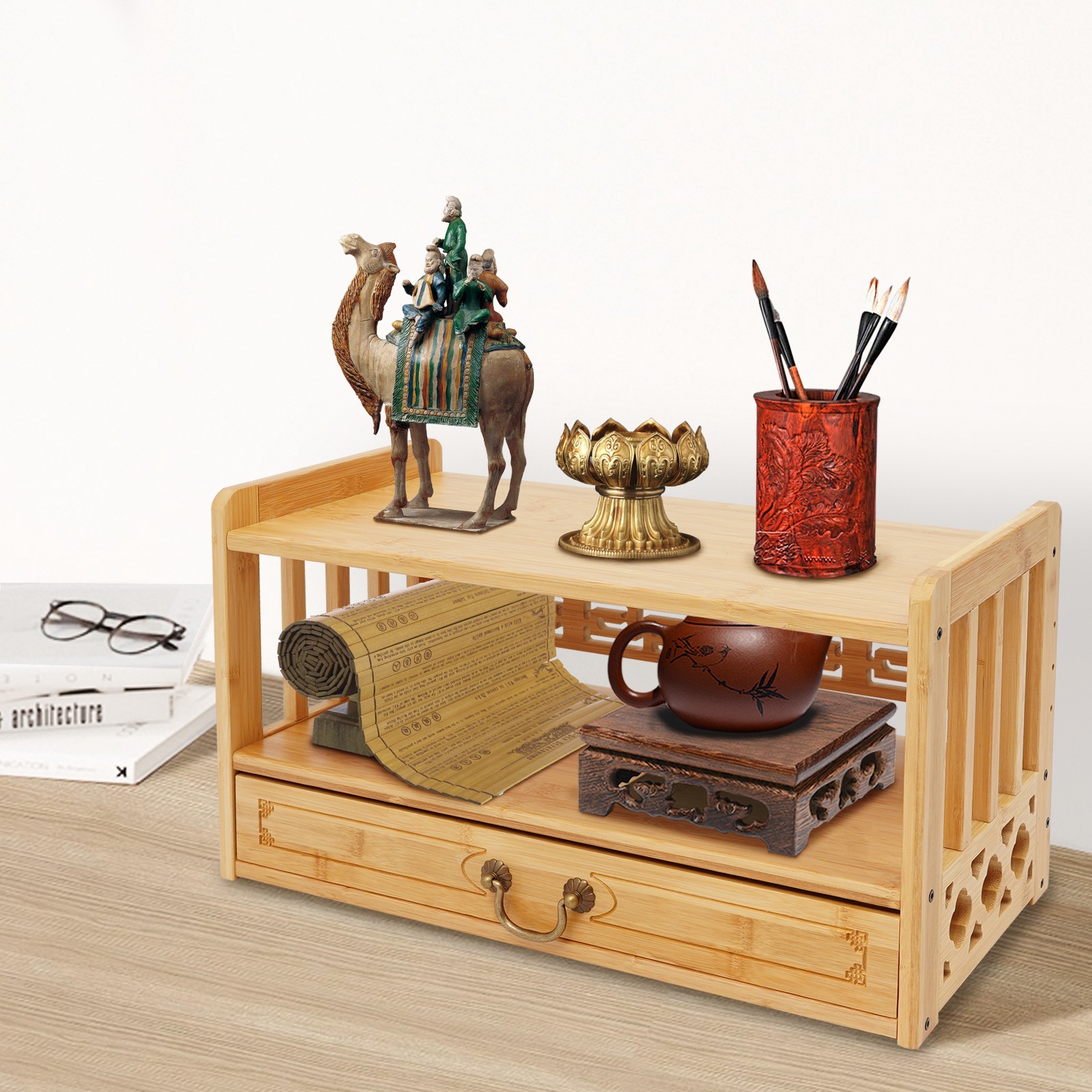 Meditation Storage Table with Drawer, Bamboo Desktop Organizer Chinese Style