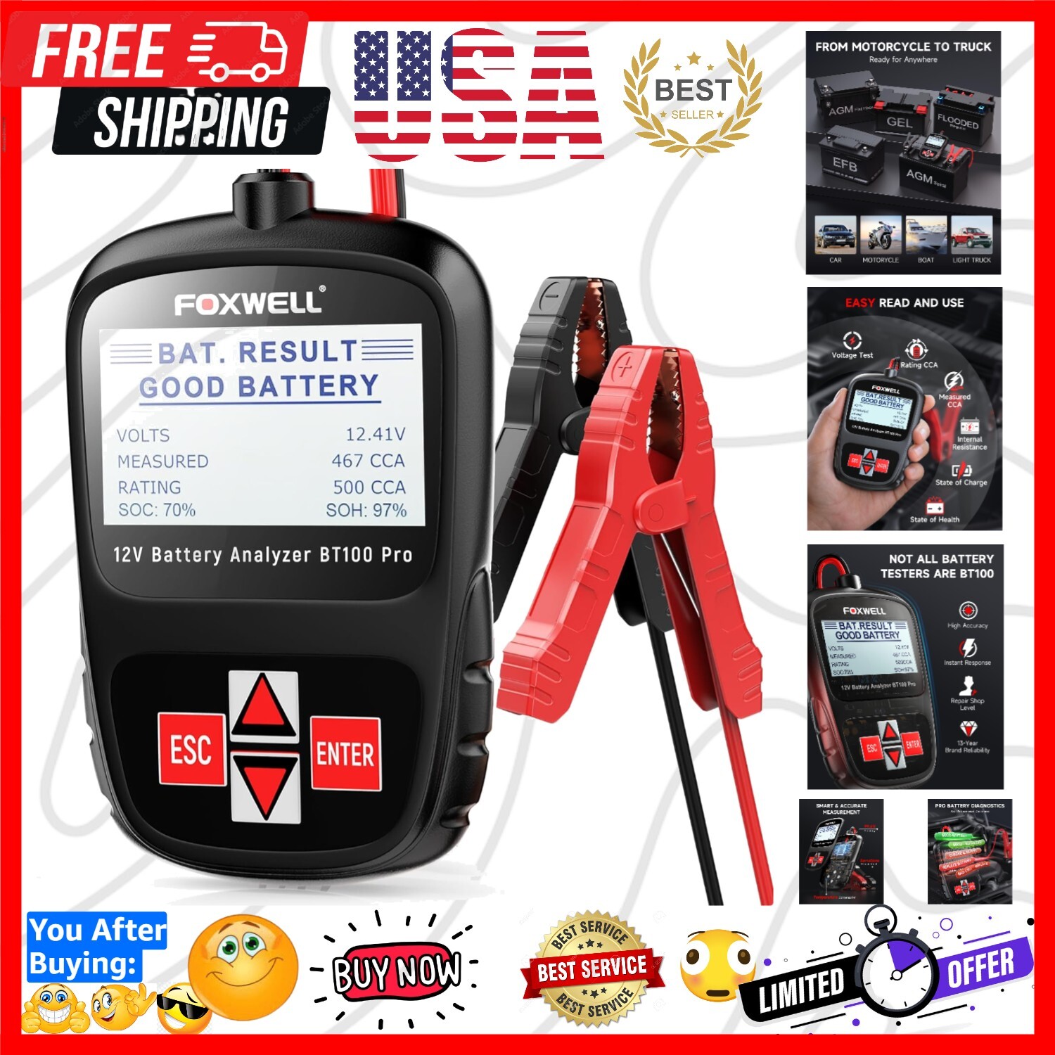 FOXWELL BT100 PRO 12V Charging Health Analyzer Car Battery Load Test 100-1100CCA