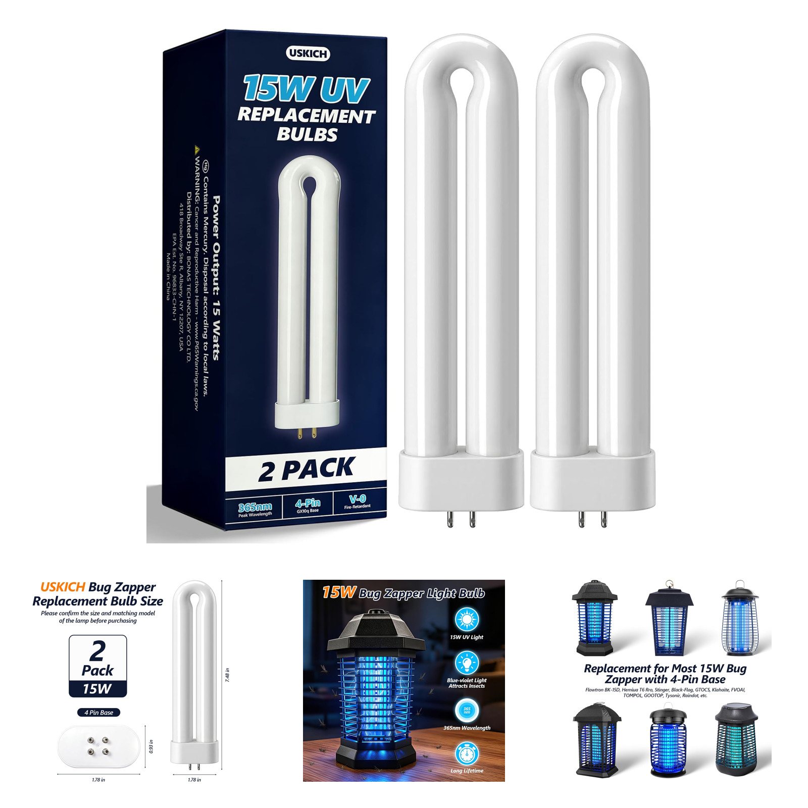 Bug Zapper Light Bulb Replacement for 15W U-Shaped Twin Tube 4-Pin Base Outdoor
