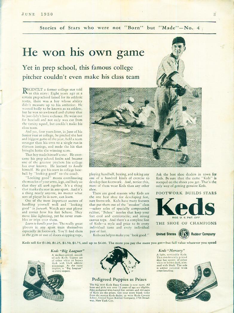 Original Keds Sneakers Shoes  "Big Leaguer" "Mercury" Baseball Ad 1930