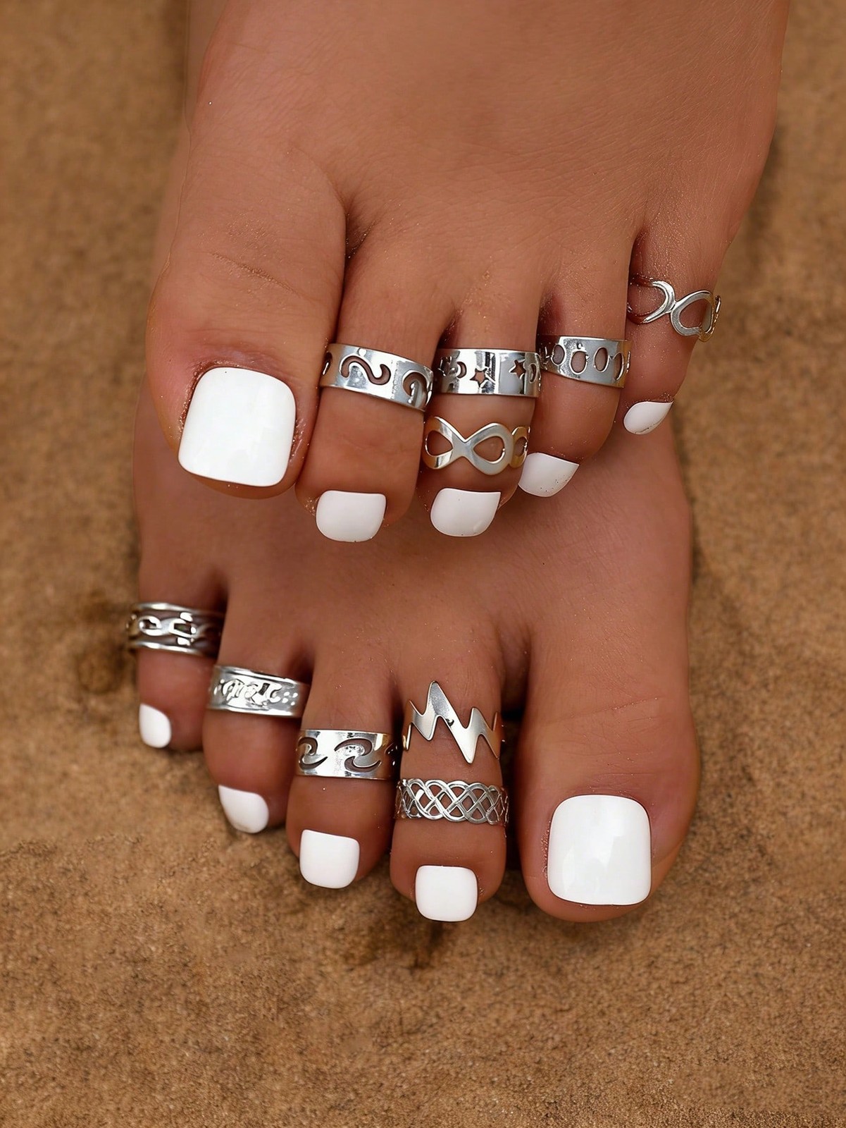 Silver 10-Piece Adjustable Geometric Toe Rings Set For Women