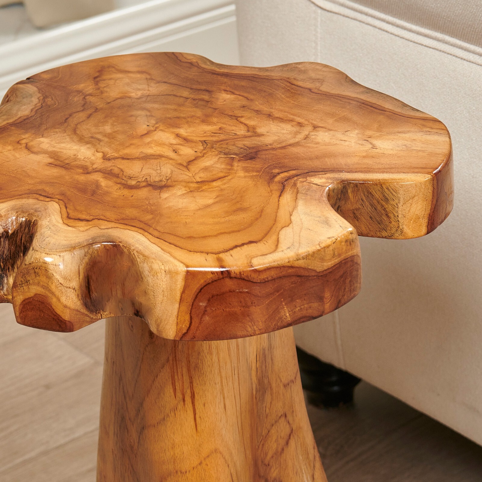 Rustic Teak Tree Stump Table – Live Edge Side Table or Stool, Natural Wood, Gift