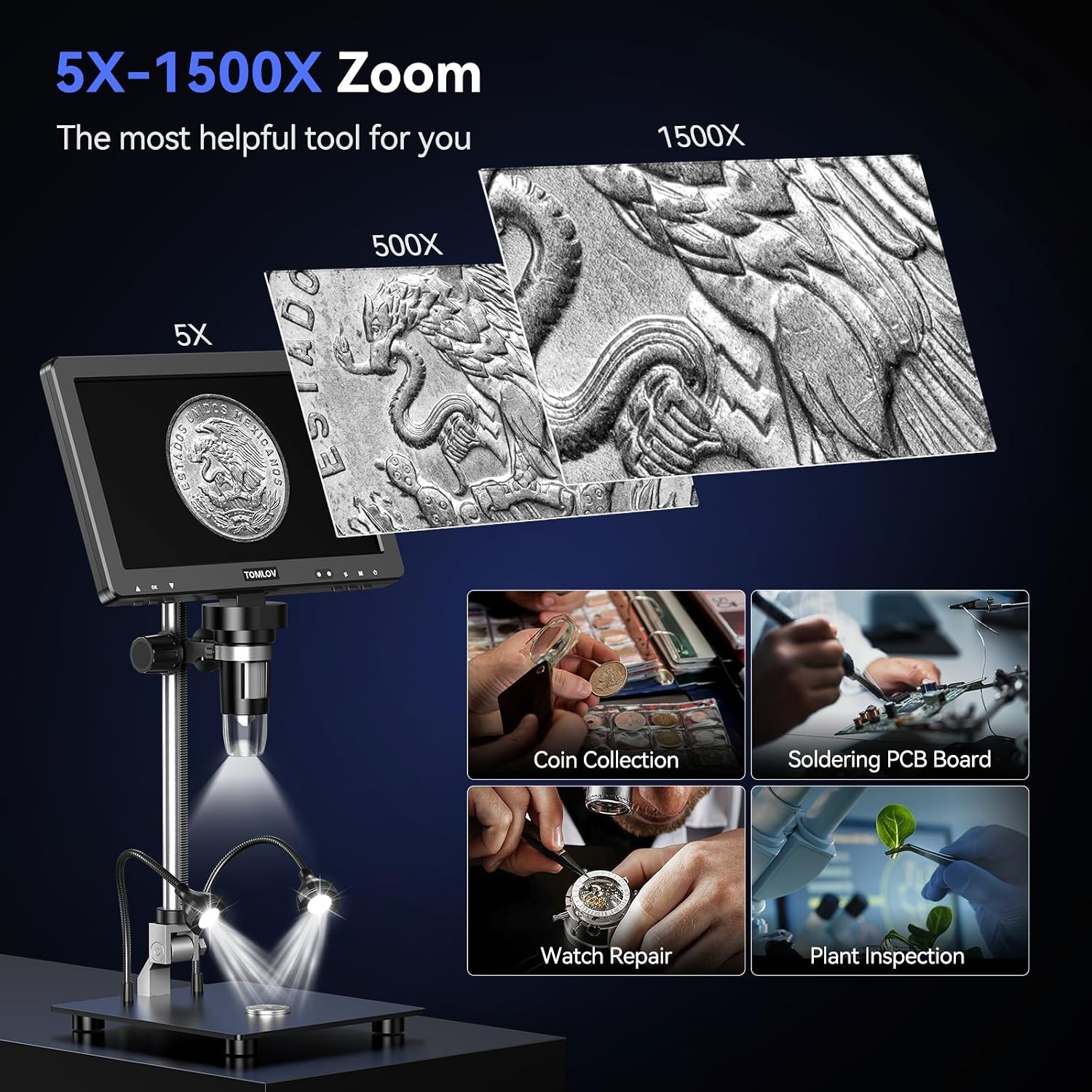 IPS Screen Coin Microscope TOMLOV 1500X 20MP 10.1"