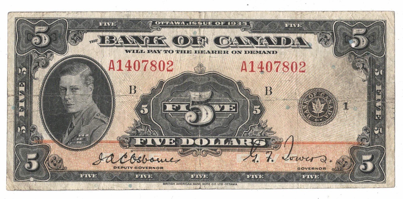 1935 Bank Of Canada 5$ English A1407802 - VF -