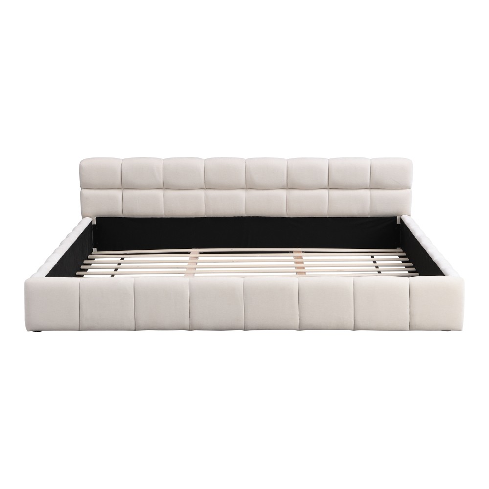 King Size Chenille Upholstered Bed w/ Checkerboard Headboard, Beige
