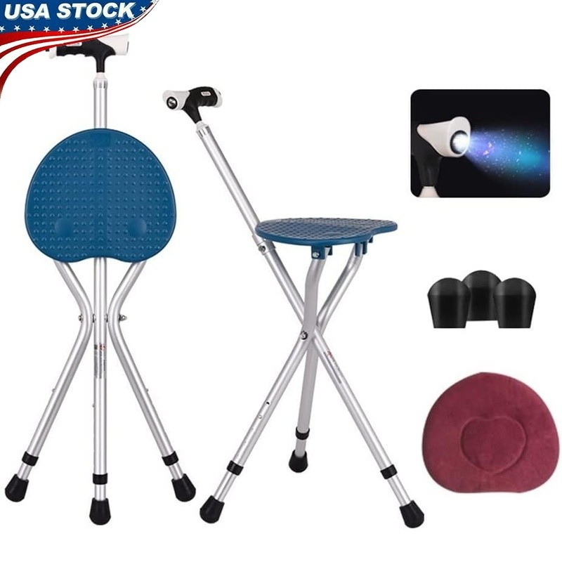 Heavy Duty Adjustable Walking Cane W/ Seat Non-Slip Rubber Tips 400LBS Capacity