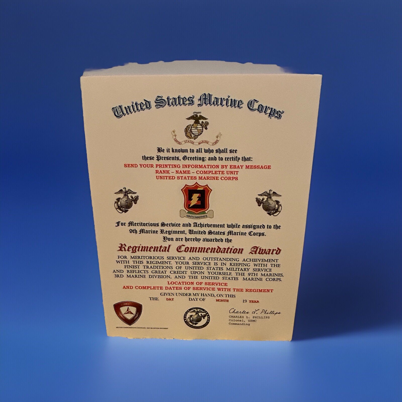 U.S.M.C. / 9TH MARINE REGIMENT - REGIMENTAL COMMENDATION AWARD CERTIFICATE