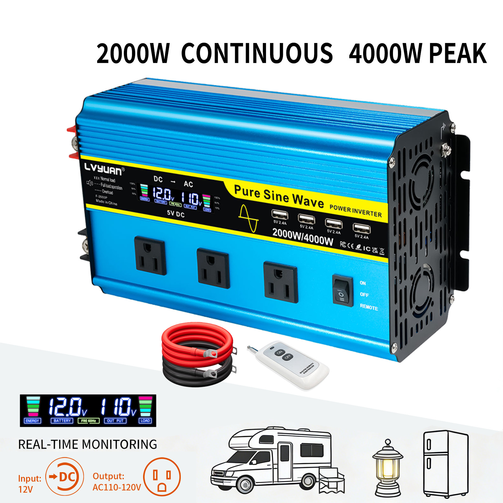 2000W Pure Sine Wave Inverter 4000W Peak 12V to 110V 3AC+4USB Wireless Remote