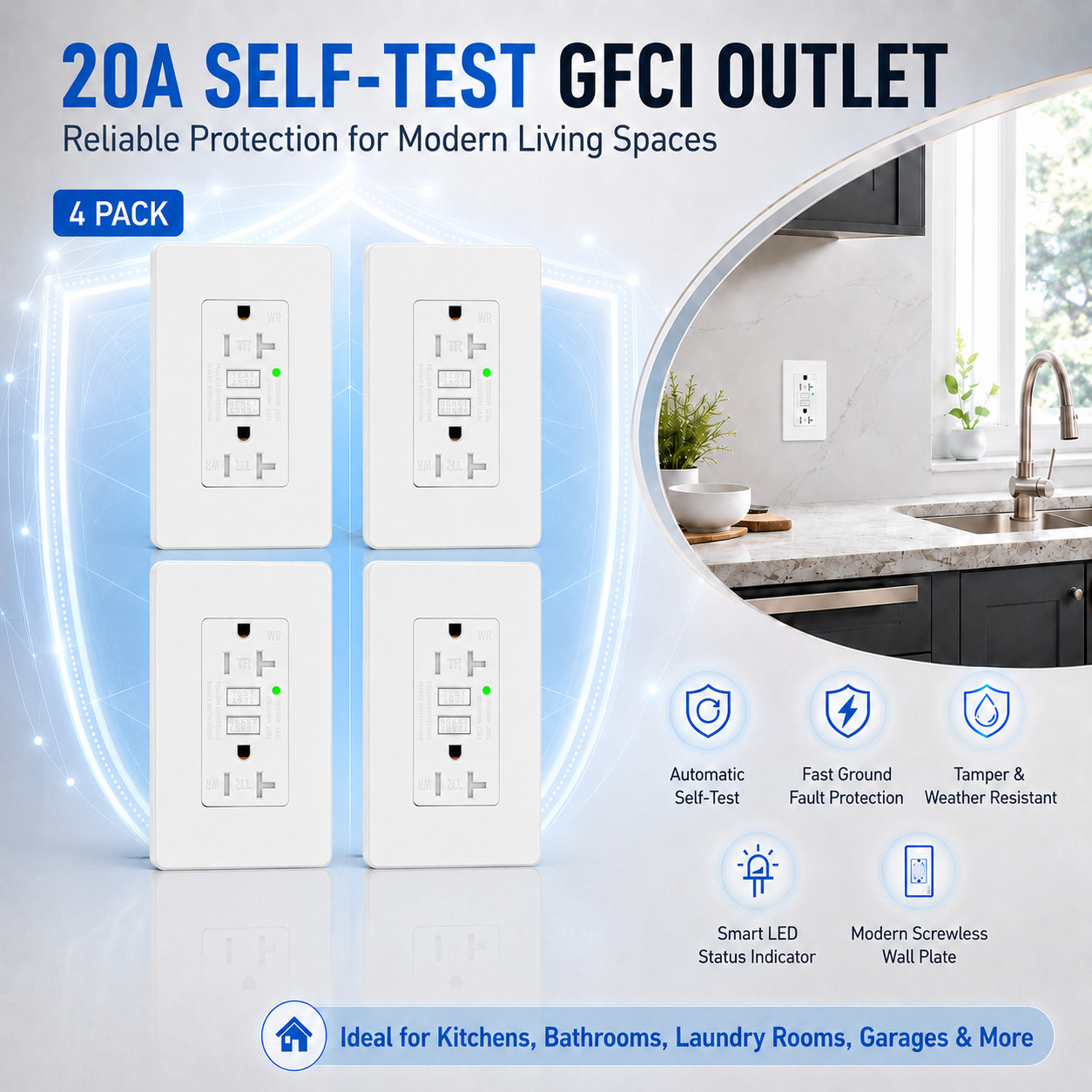 20 Amp Self-Test GFCI Outlet, TR WR Receptacle with LED and Screwless Plate 4PK