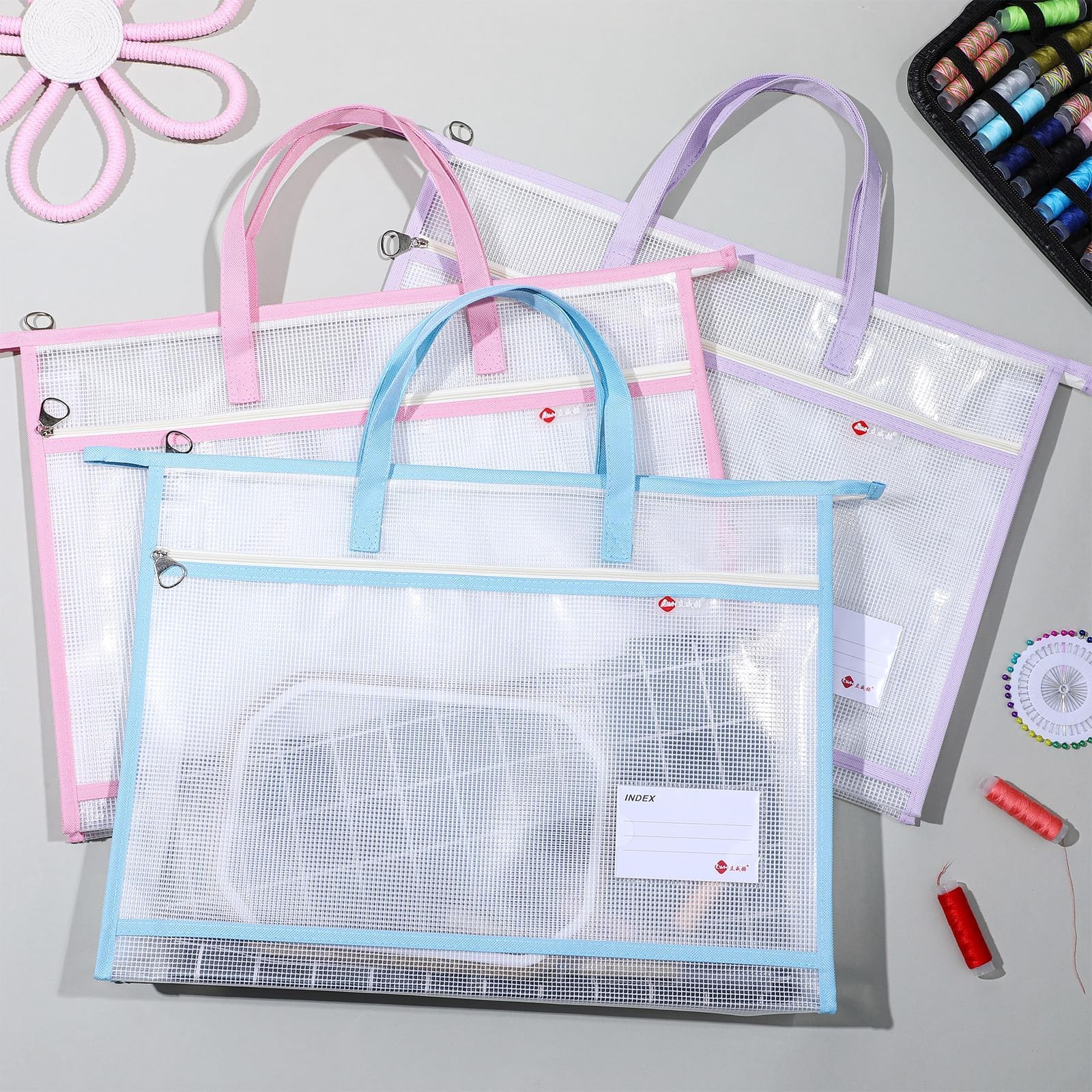 3 Pcs Project Bag for Quilting Sewing Craft Storage for Quilter A3 Clear Mesh...