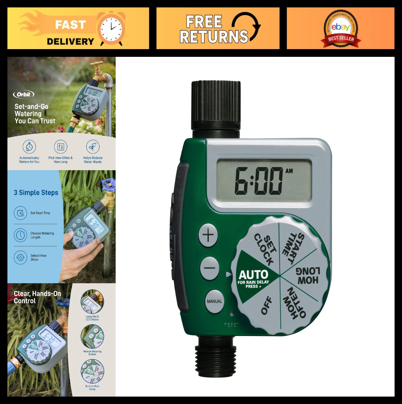 Digital Hose Watering Timer - Programmable, Battery Powered, LCD Screen, Rain De