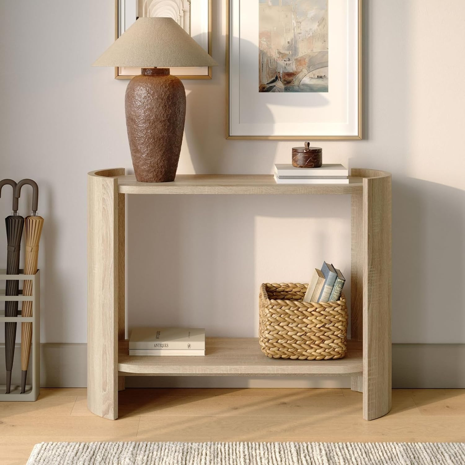 Curved Wood Leg Console Table – Modern Oval Sofa Table with Storage – Mid-Centur