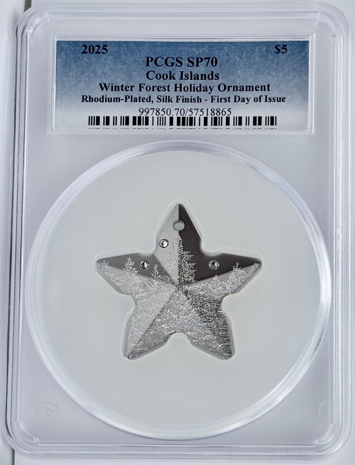 2025 Cook Islands Silver 1 oz $5 Winter Forest Ornament Silver PCGS SP 70 FDOI