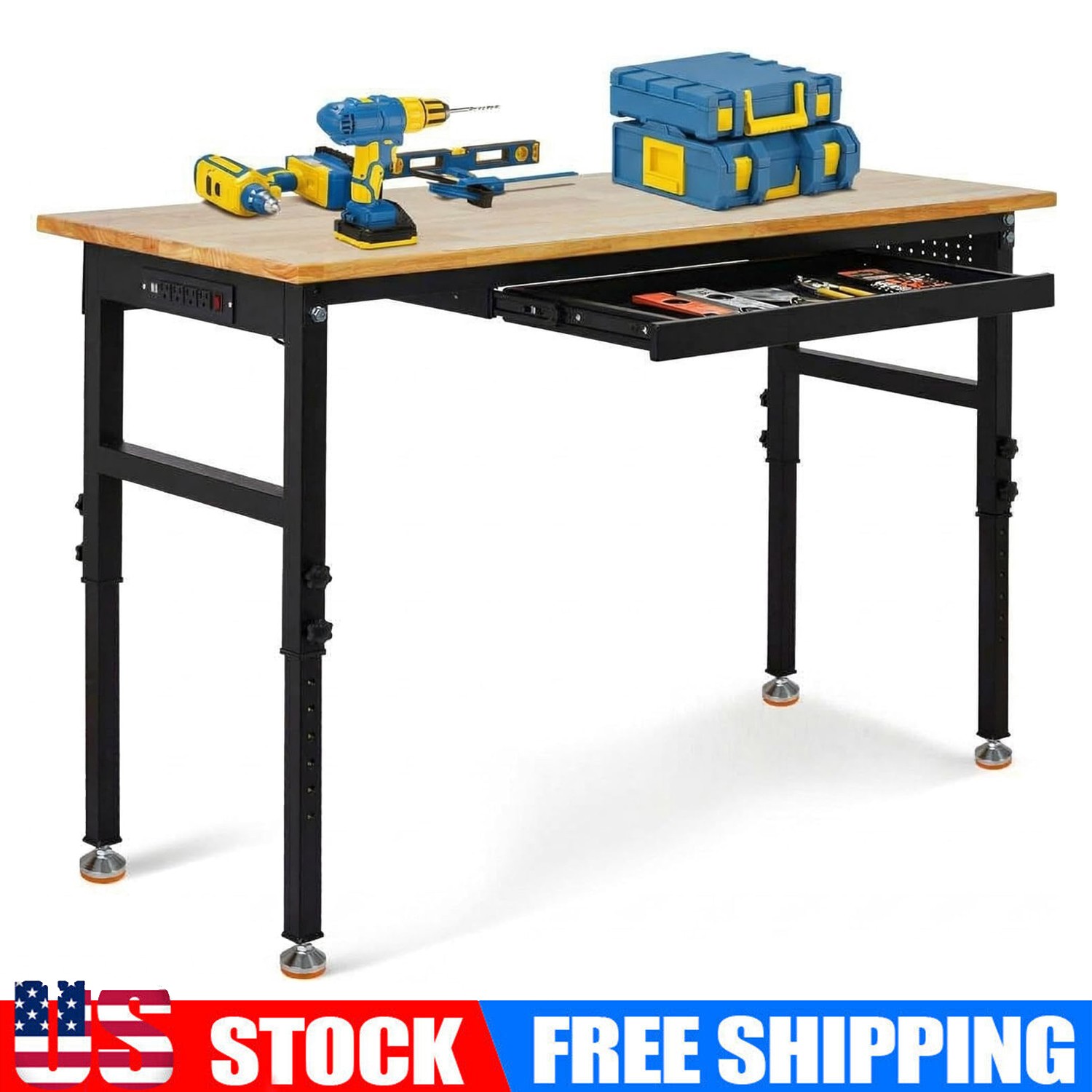 60" Adjustable Workbench w/Drawer & Power Outlets, 2000Lbs Work Table for Garage