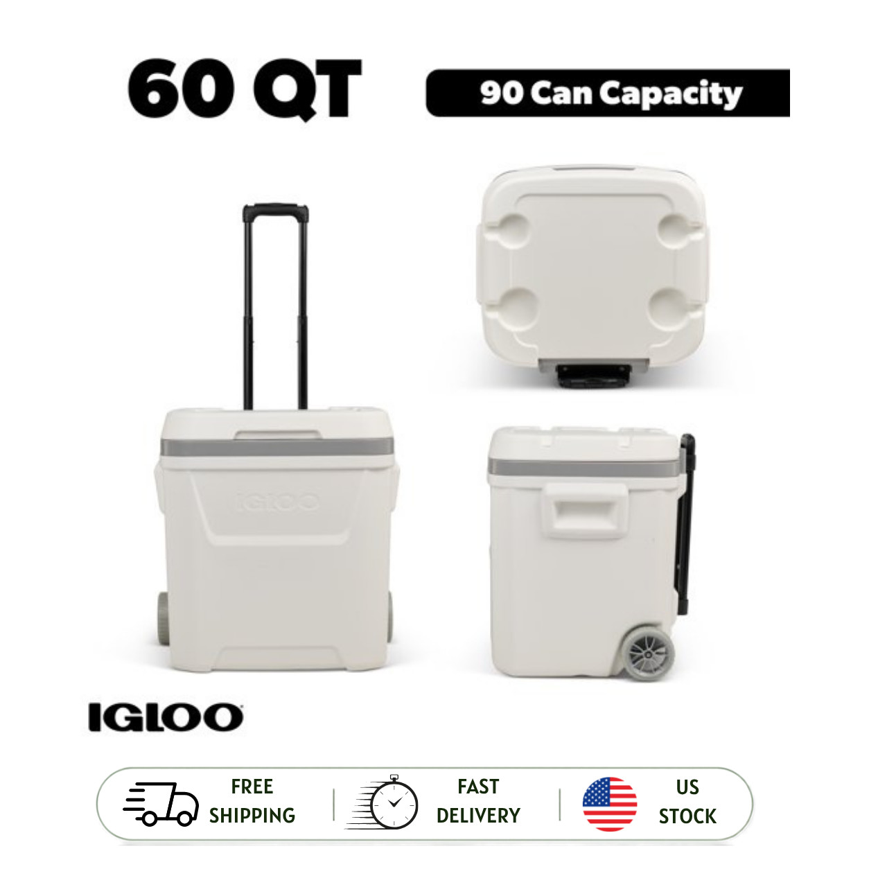 Igloo 60 Qt Marine Cooler w/Wheels White Hard Ice Chest 4-Day Ice Retention