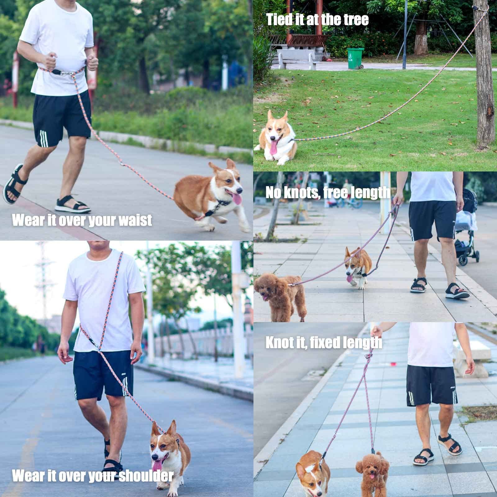 Hands Free 8.5ft Nylon Double Dog Leash with Reflective Stitching Adjustable ...