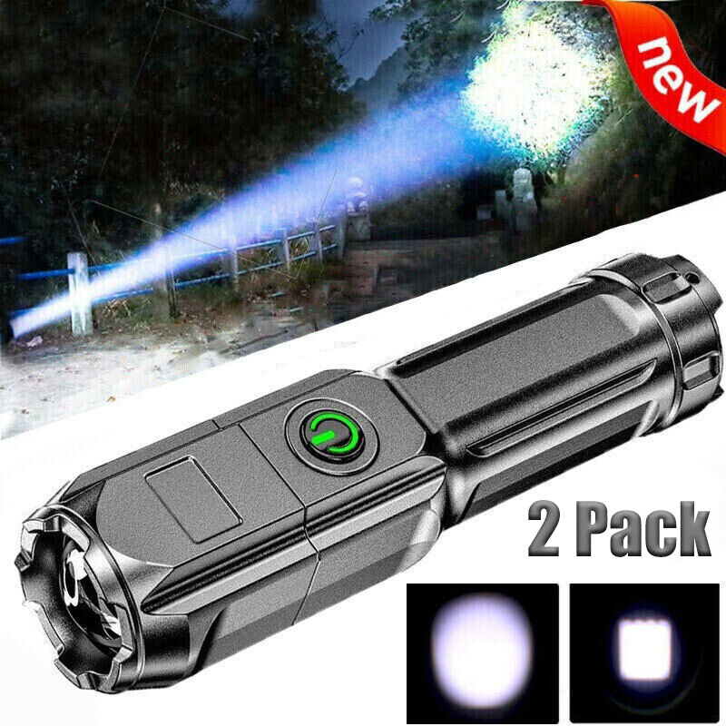 2 Pack Flashlight Tactical Police Super Bright Torch Zoomable USB Rechargeable