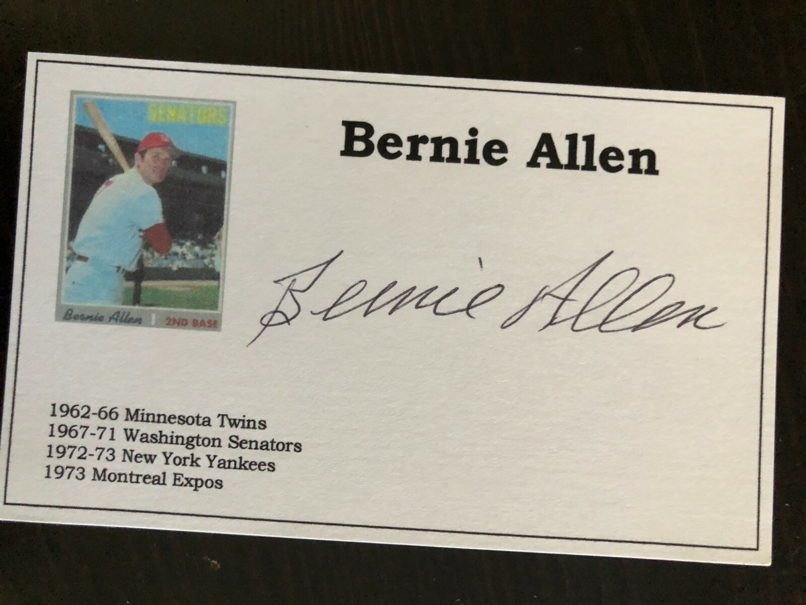Washington Senators BERNIE ALLEN autographed 3x5 Index Card