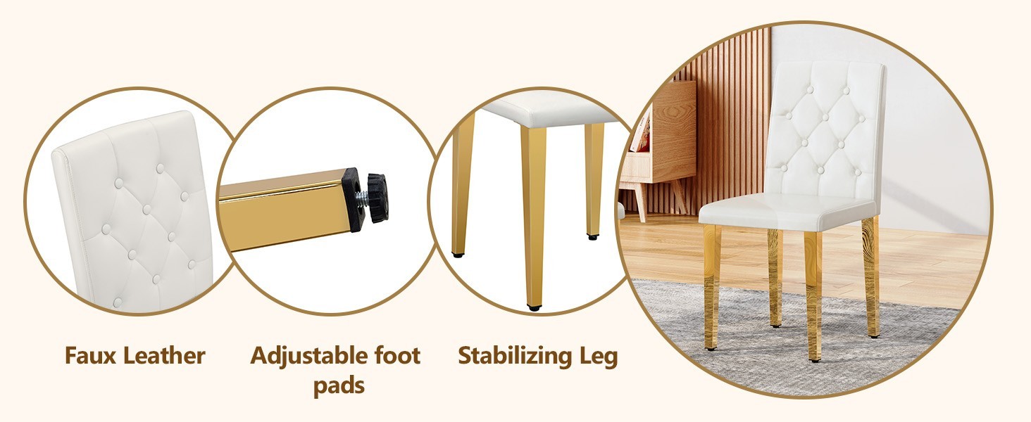 White PU Chairs 4-Pack-Ergonomic Backrest & Golden Metal Legs