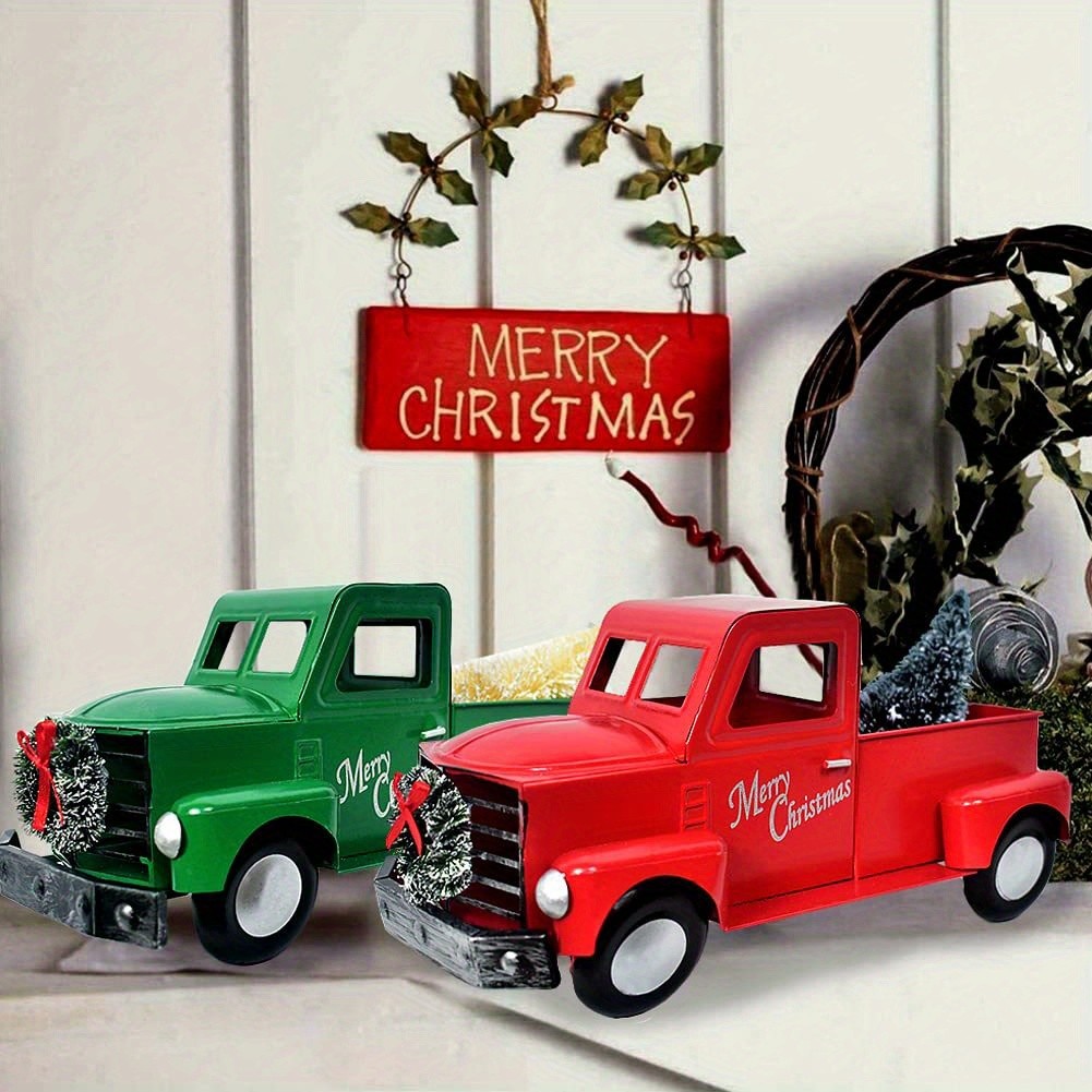 Vintage Metal Red Truck Christmas Decor Retro Green Pickup Farmhouse Planter