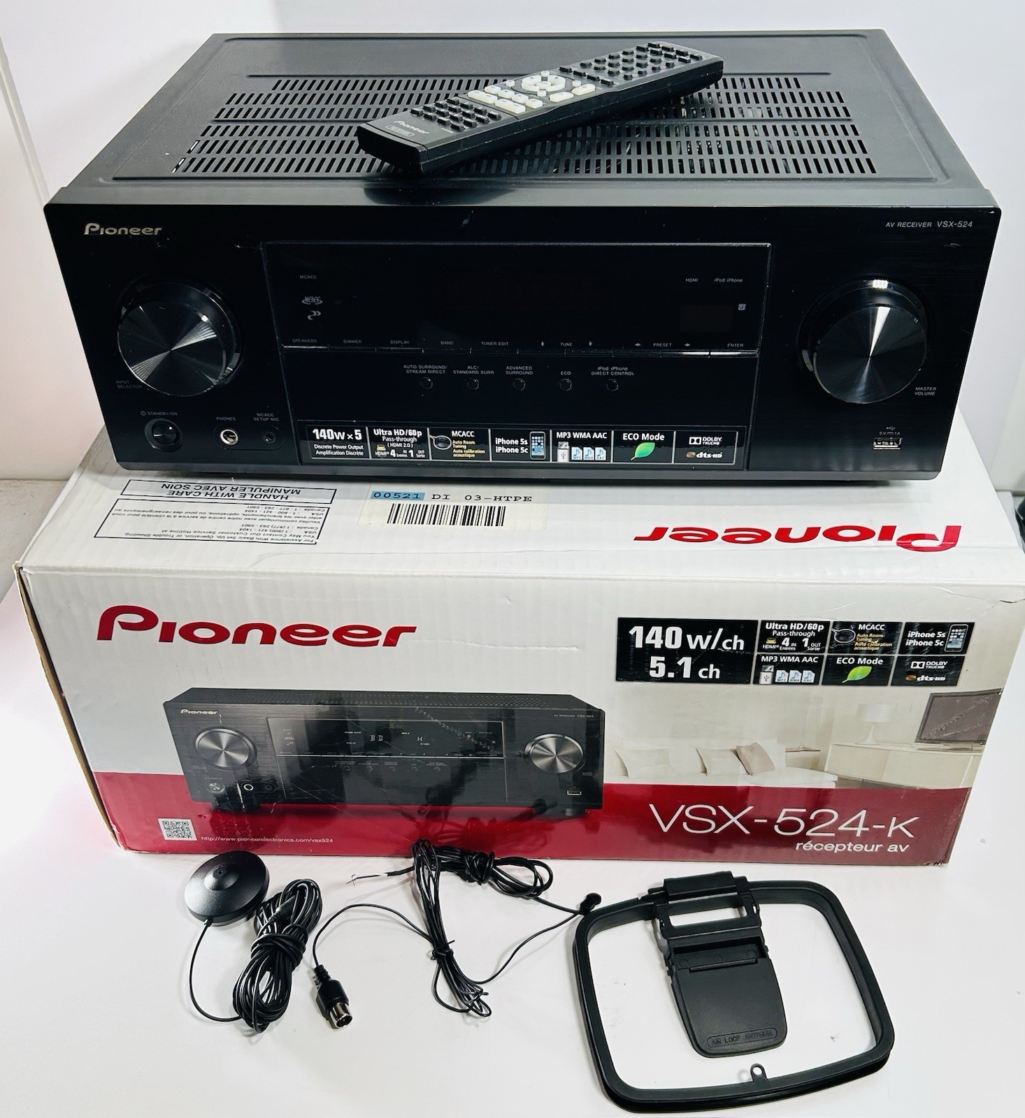 Pioneer VSX-524k  Channel 400 Watt Receiver W/Remote And Original Box Bundle