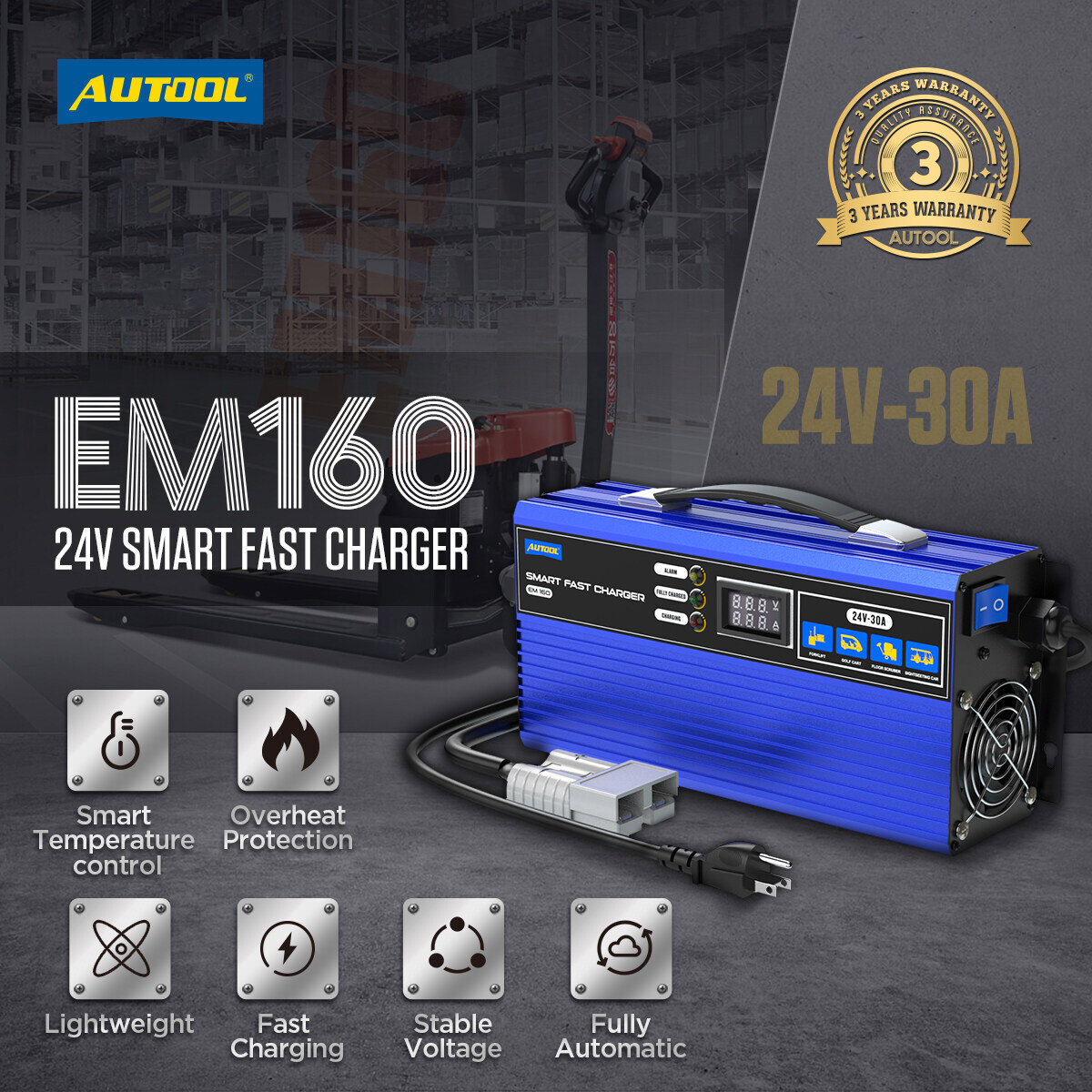 24V Golf Cart Battery Charger Fully-Automatic Smart Charger Forklift Golf Cart