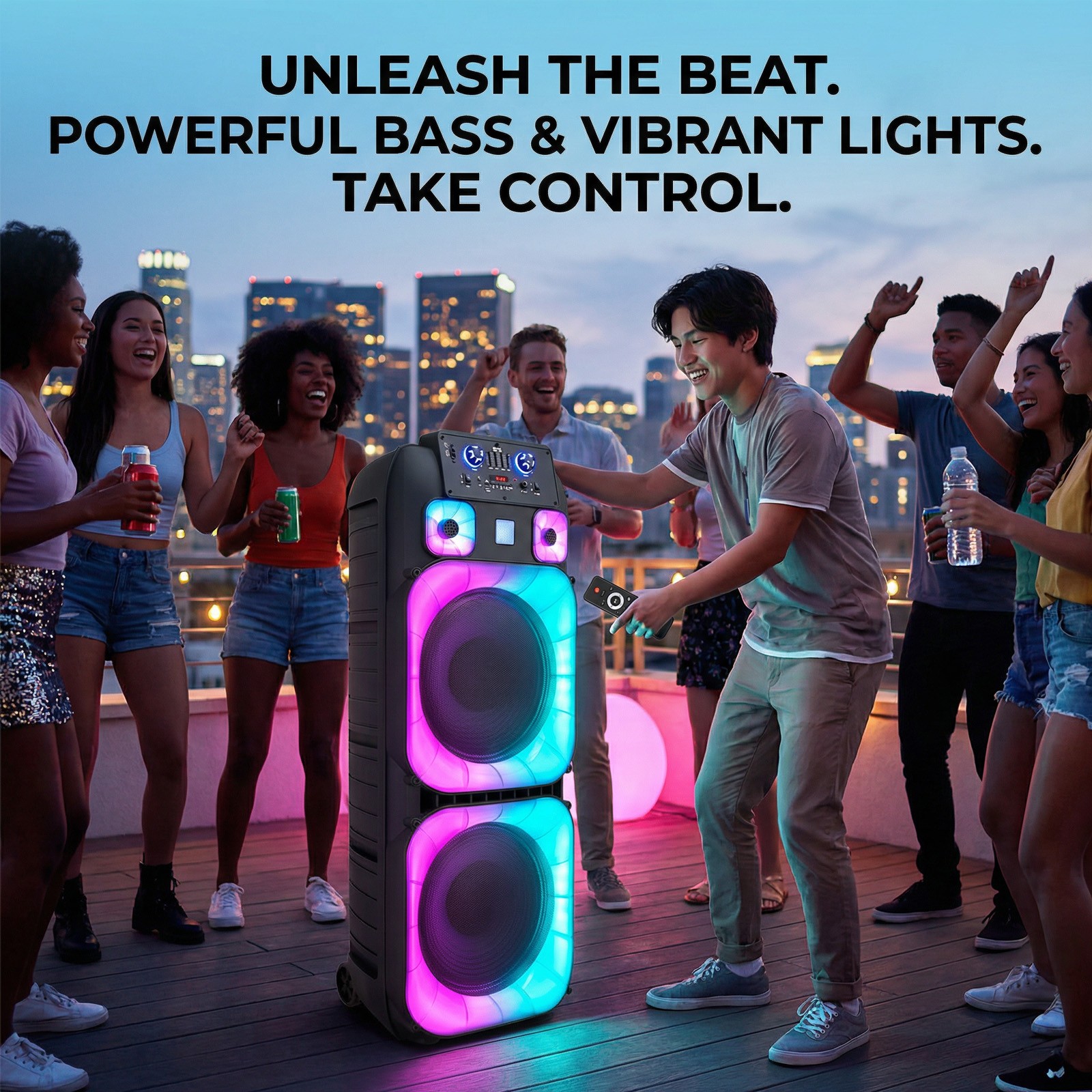Dual 15" Massive Speaker Wireless Mic TWS PA System Party Speaker LED Lights USB