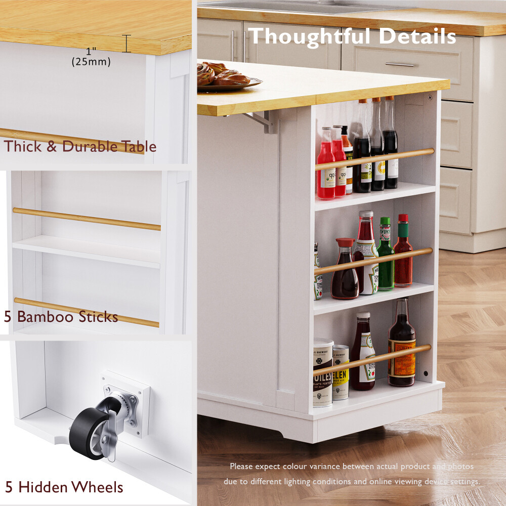 48inch Large Kitchen Island with 2 Bar Stools, Power Outlet, Storage Rack