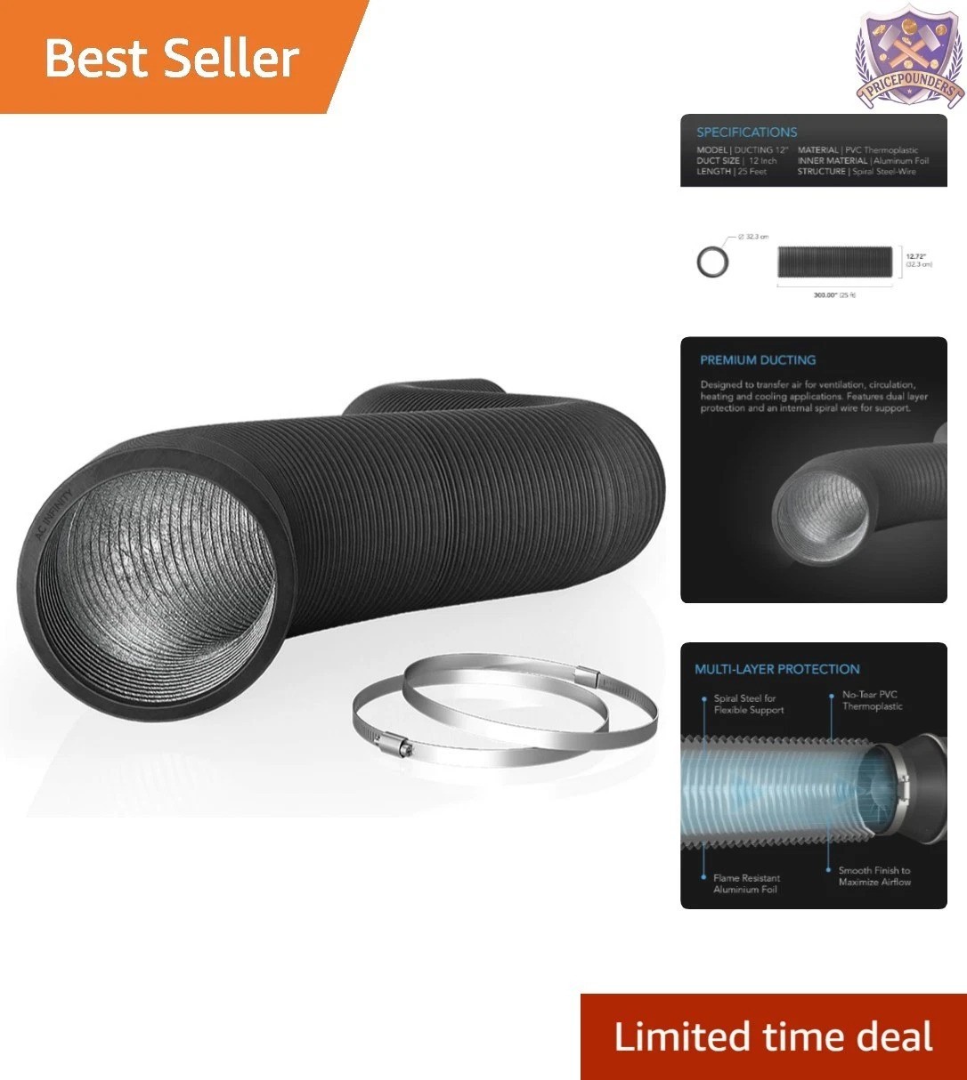 Flexible Aluminum Ducting 12 Inch 25 Feet Heavy-Duty Four-Layer Ventilation