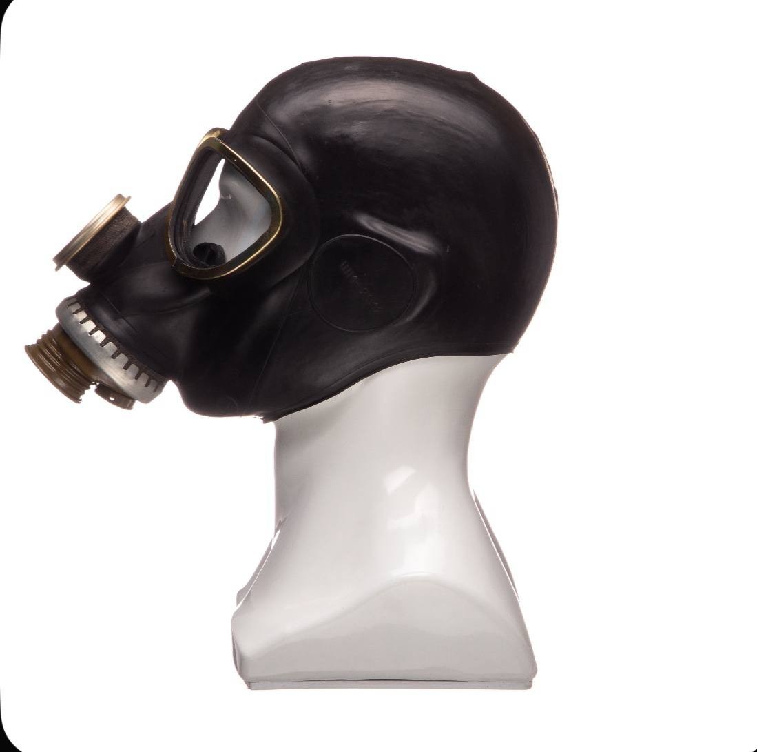 Black rubber gas mask, rubber hood, black latex mask. Breathe play hood