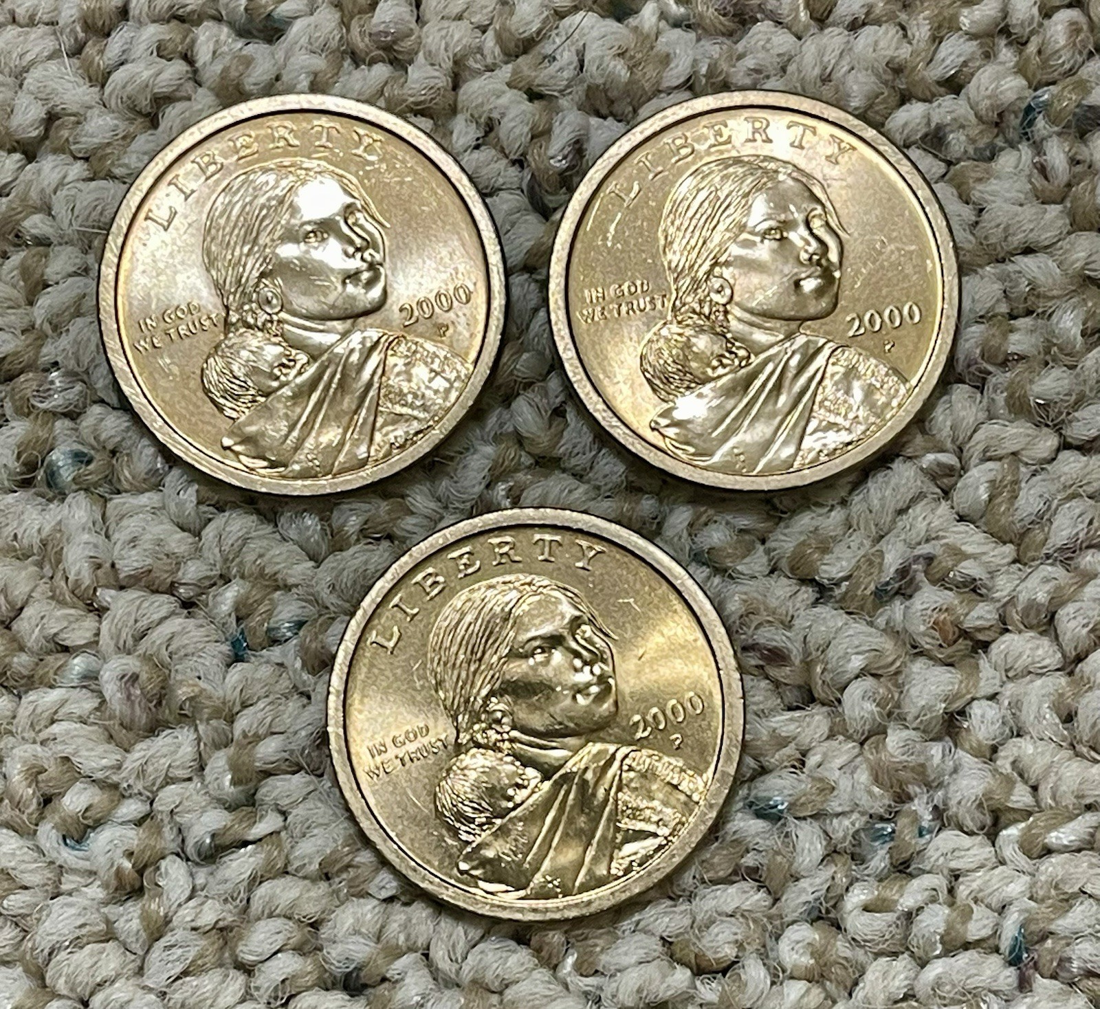 (3) 2000-P Sacagawea One Dollar Golden Color Coin Lot