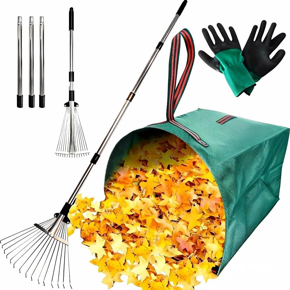 Leaf Rake with 53 Gal Leaf Bags, Expandable Heavy Duty Metal Set