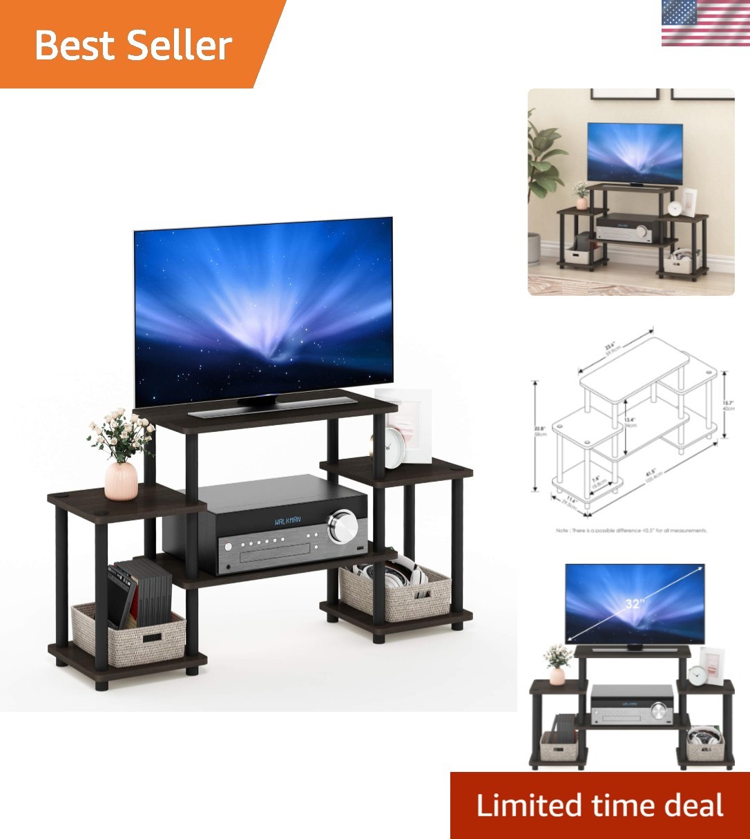 Turn-N-Tube No Tools Entertainment TV Stands, Dark Brown/Black