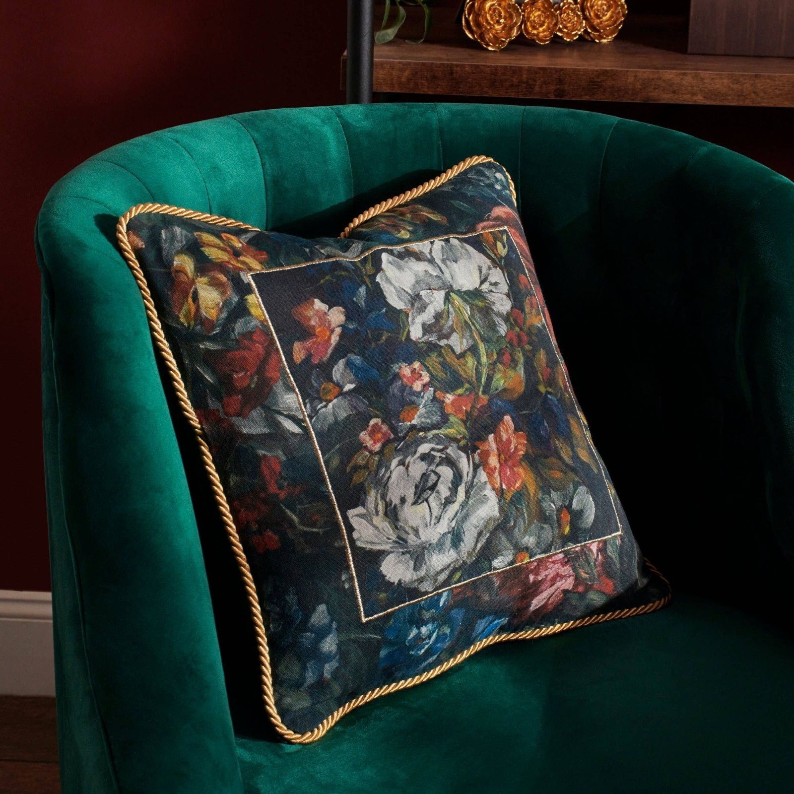 Moody Botanical Floral Velvet Accent Pillow Gold Rope Trim Dark Cottage Decor