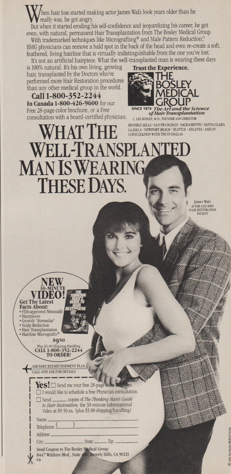 1991 Bosley Medical Hair Transplantation - Actor James Walz - Print Ad Photo