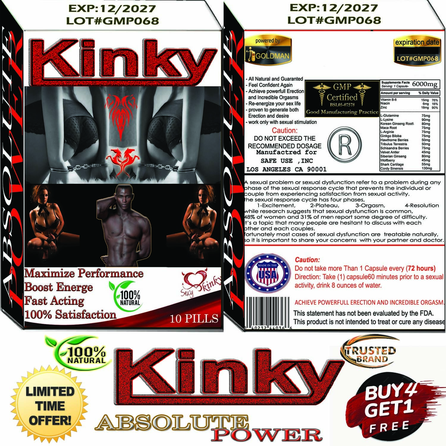 100% Natural Formula kinky woody 6000mg/10000mg male performance ENLARGMEN 10''