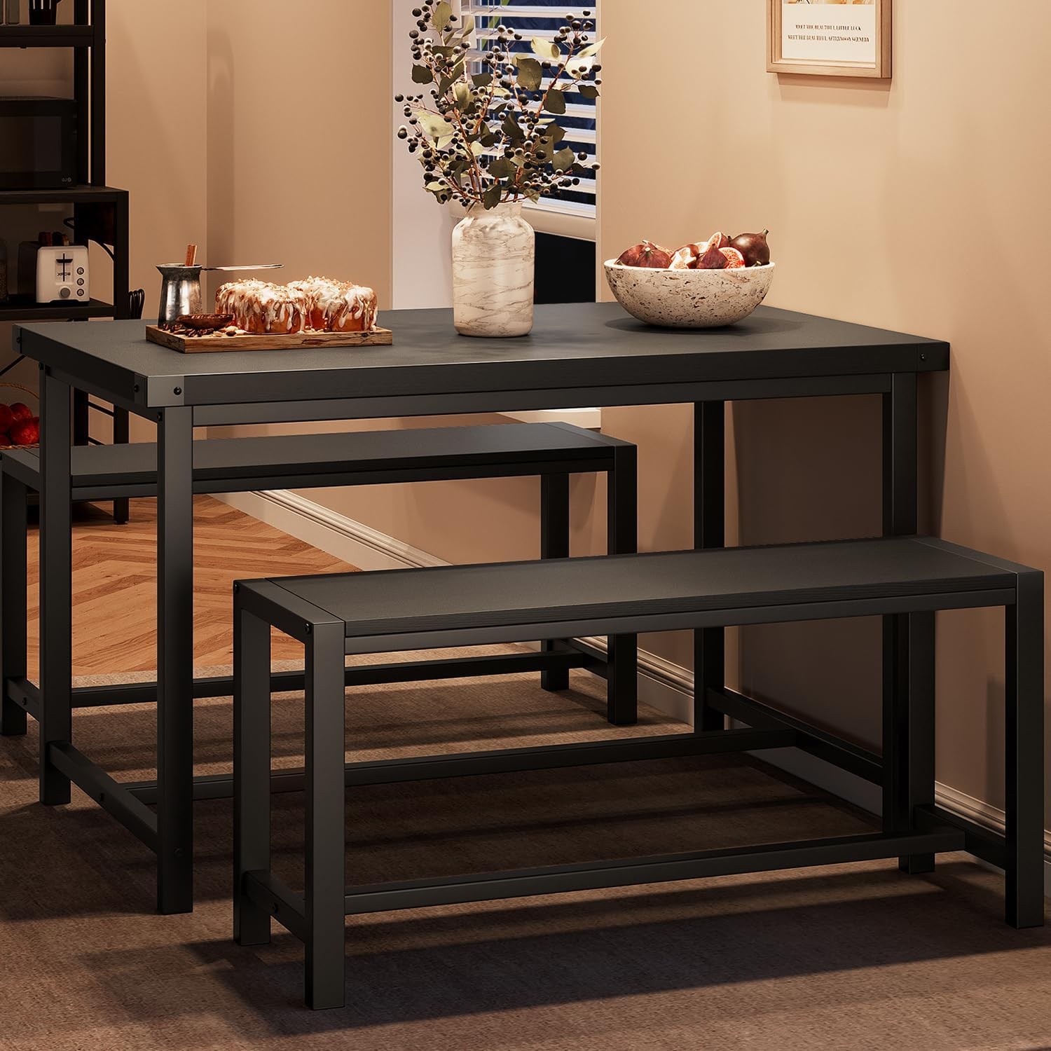 Dining Table Set 4 Kitchen Table W/ Benches Rectangular Dining Room Table Set W/