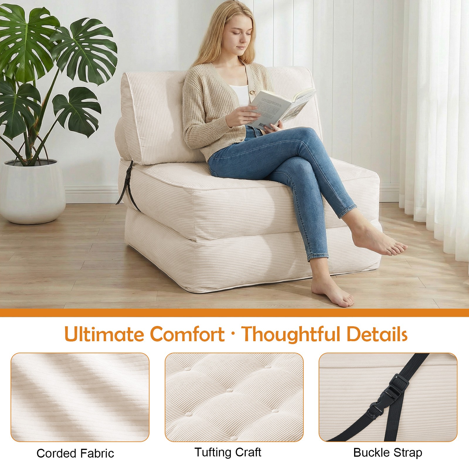 Foldable Single Sofa Bed, Convertible Sleeper Chair Bed Couches w/ Dual-Cushion