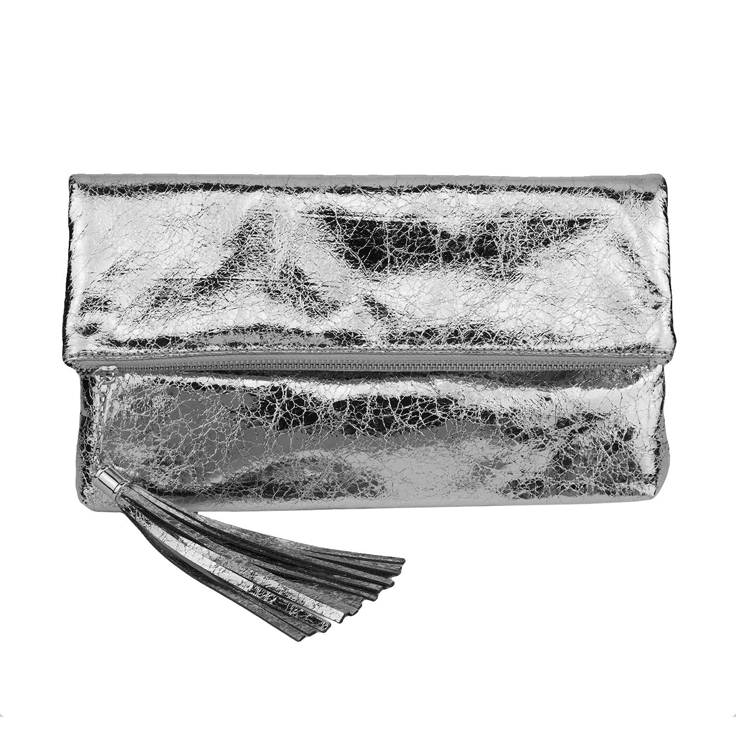 JNB Women's Cracked Metallic Fabric Foldover Clutch with Tassel Silver