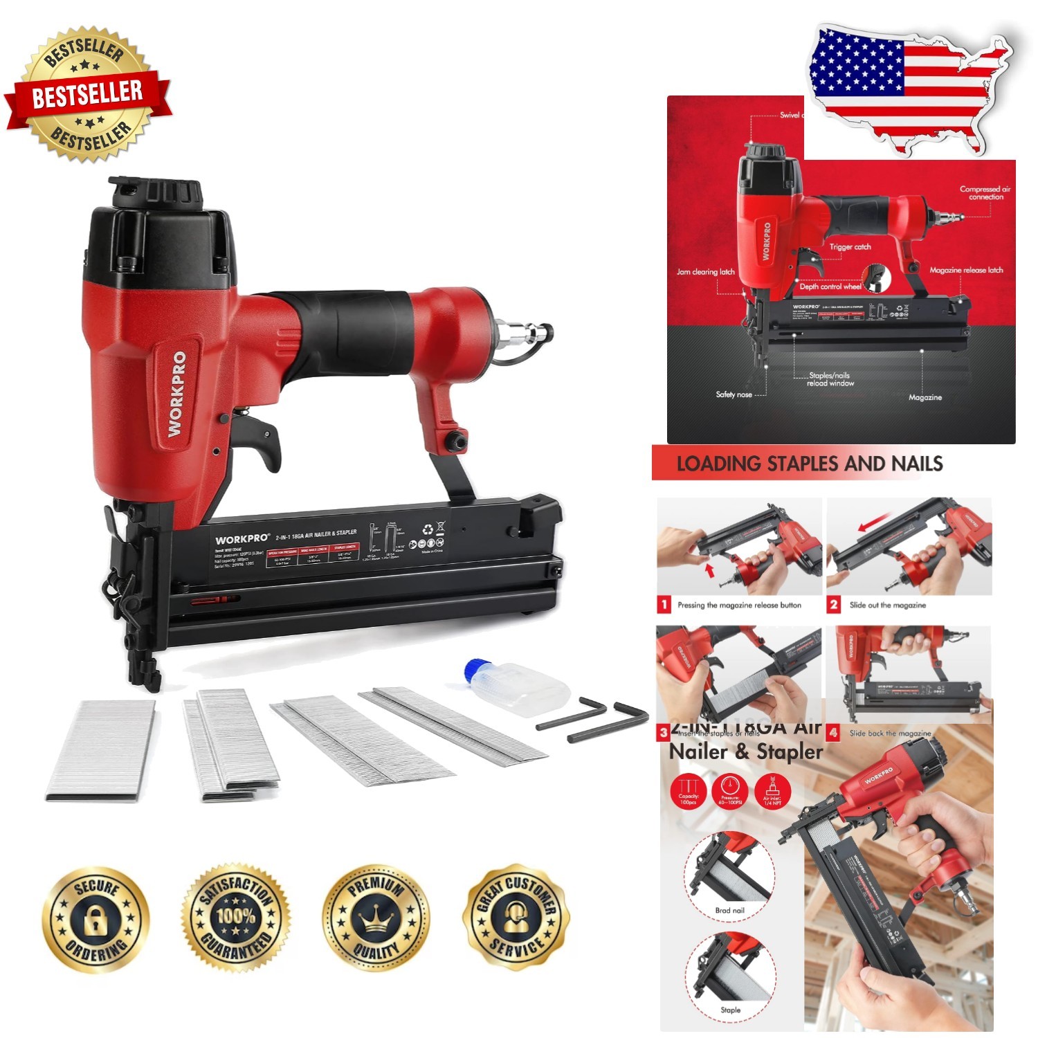 Versatile 18 GA Brad Nail Gun, 2-in-1 Stapler, Adjustable Depth, Carpentry
