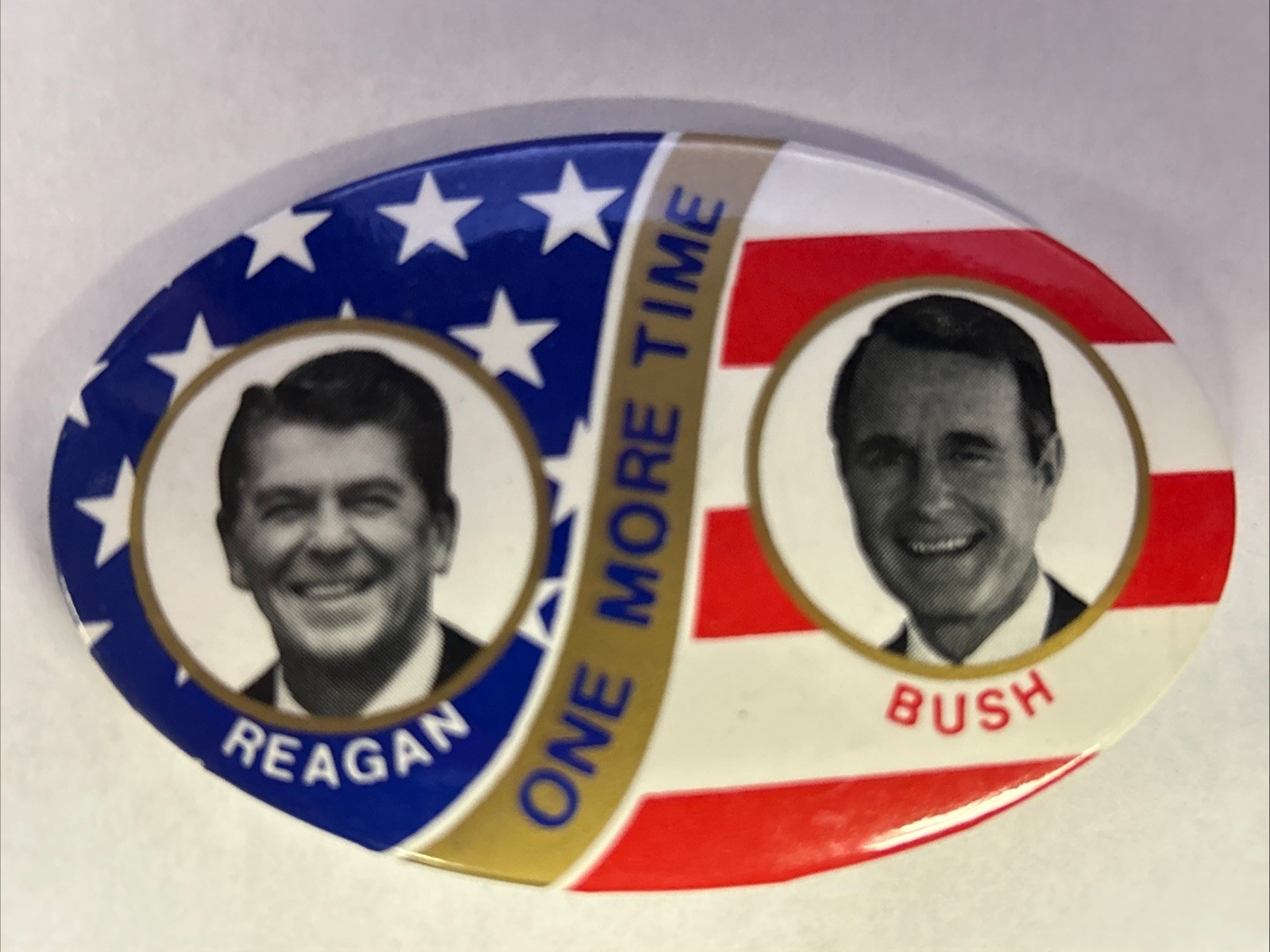 Reagan Bush One More Time oval pinback button pin