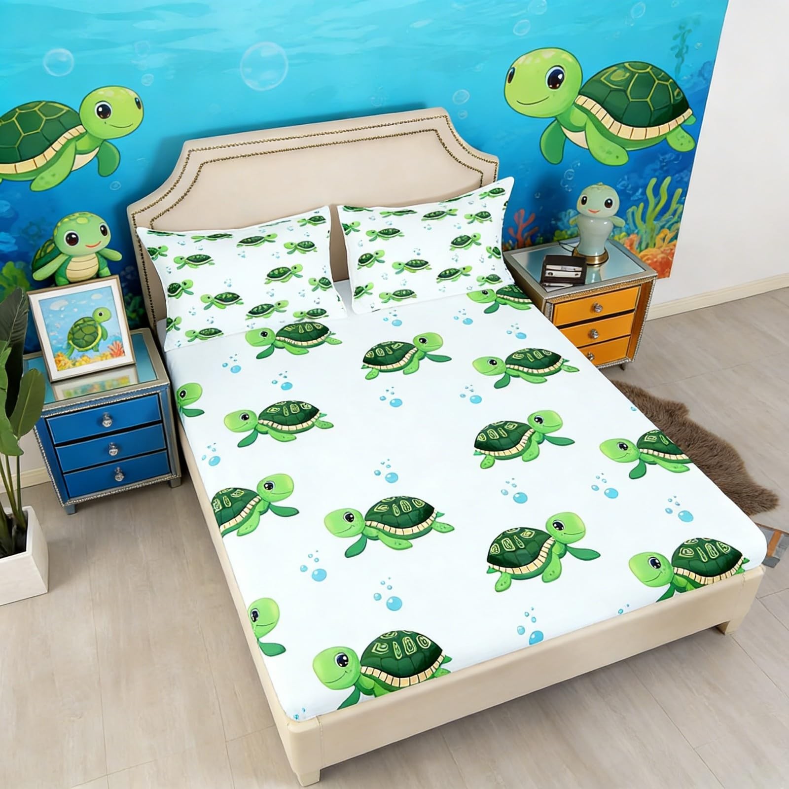 Green Sea Turtle Bedding Sets Blue Ocean Bed Sheets for Boys Teens,Nautical S...