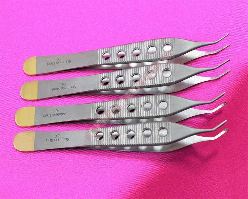 4 PCS GOLD HANDLE ADSON TISSUE + DRESSING FORCEPS 4.75" CURVED FINESTRATED