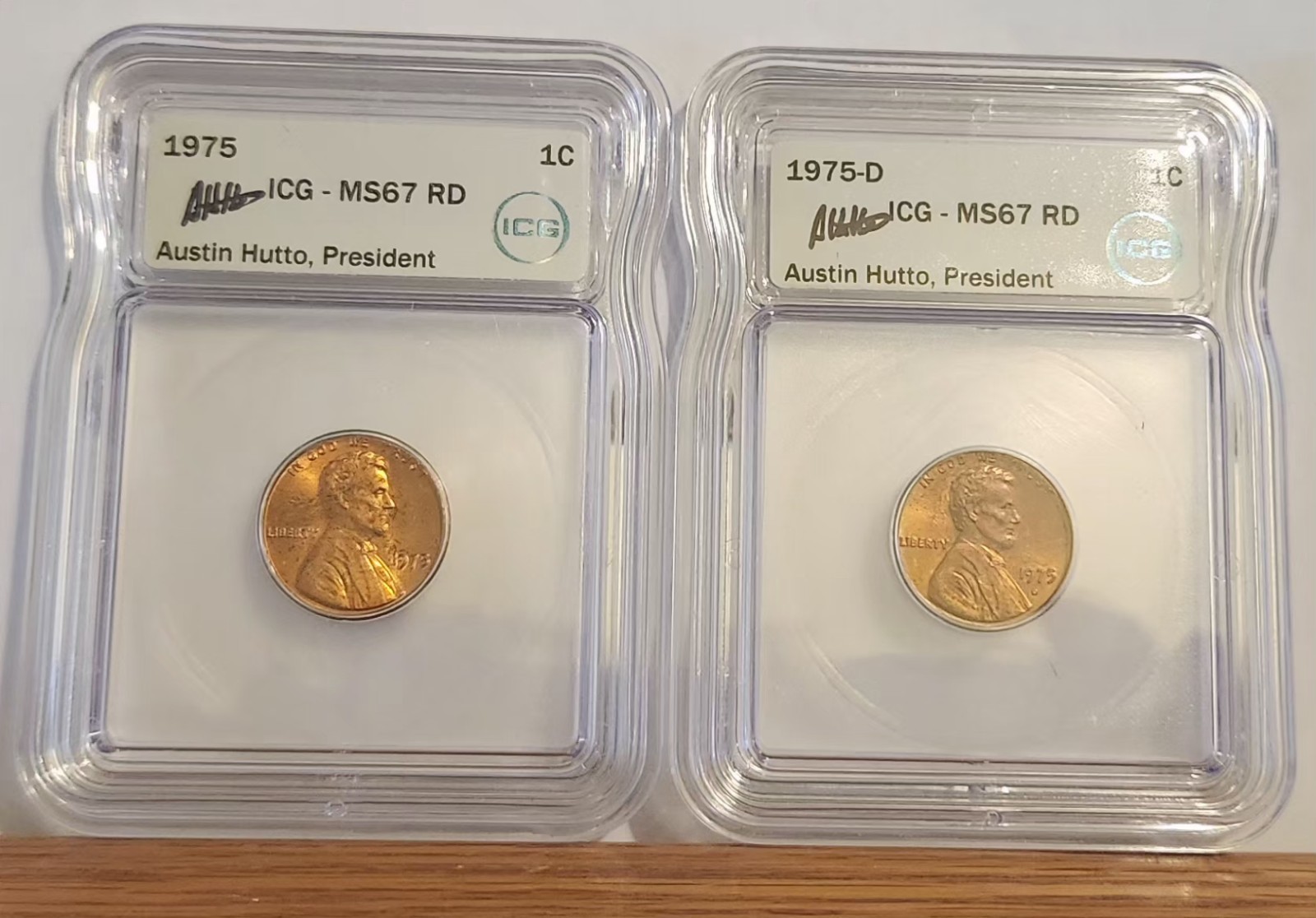 1975 AND 1975 D Lincoln Memorial Cent ICG MS67 RD (RARE) AUSTIN HUTTO SIGNED