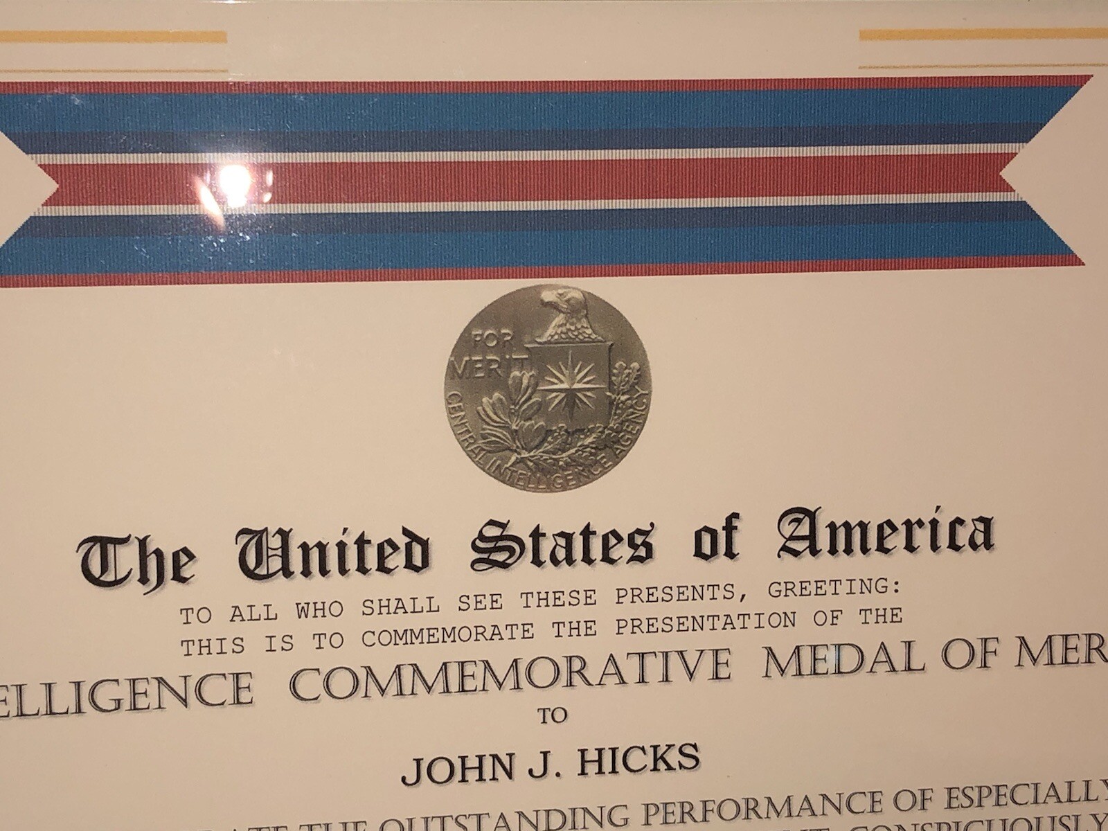 CIA - INTELLIGENCE COMMEMORATIVE MEDAL OF MERIT CERTIFICATE Type-1