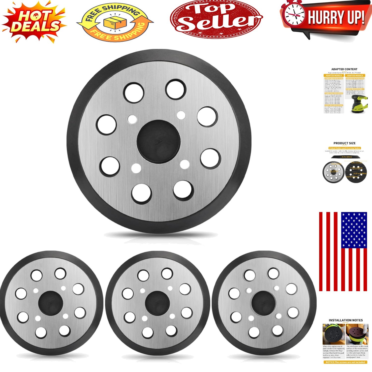 4-Pack 5" Hook & Loop Sander Pads for Ryobi & More