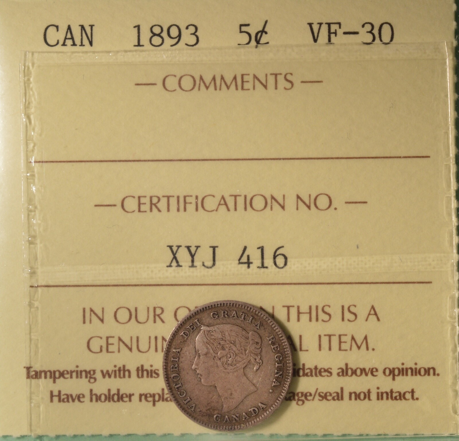 1893 Canada Silver 5 Cents  - Graded ICCS VF-30 -  Serial XYJ 416