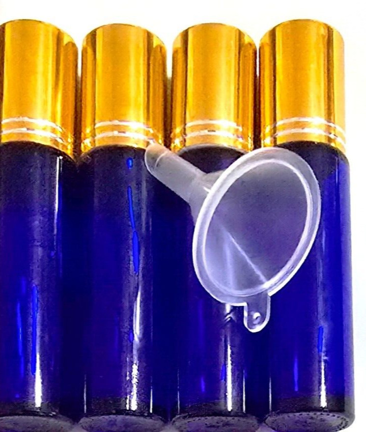 4pc Deep Blue Glass Essential Oil Roller Bottles with Mini Funnel