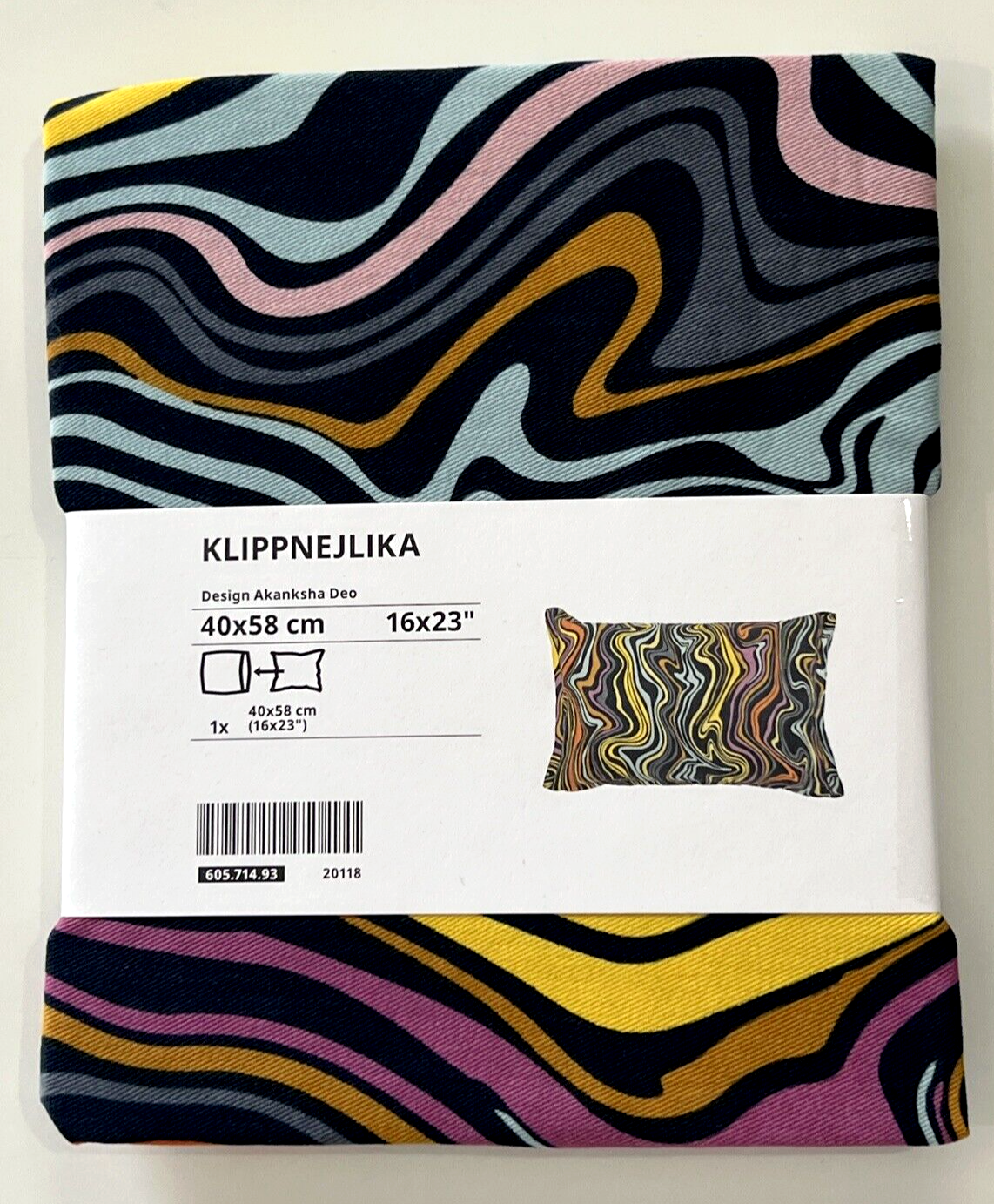Ikea KLIPPNEJLIKA Pillow Cushion Cover 16"x23" Dark Blue Multicolor Abstract New