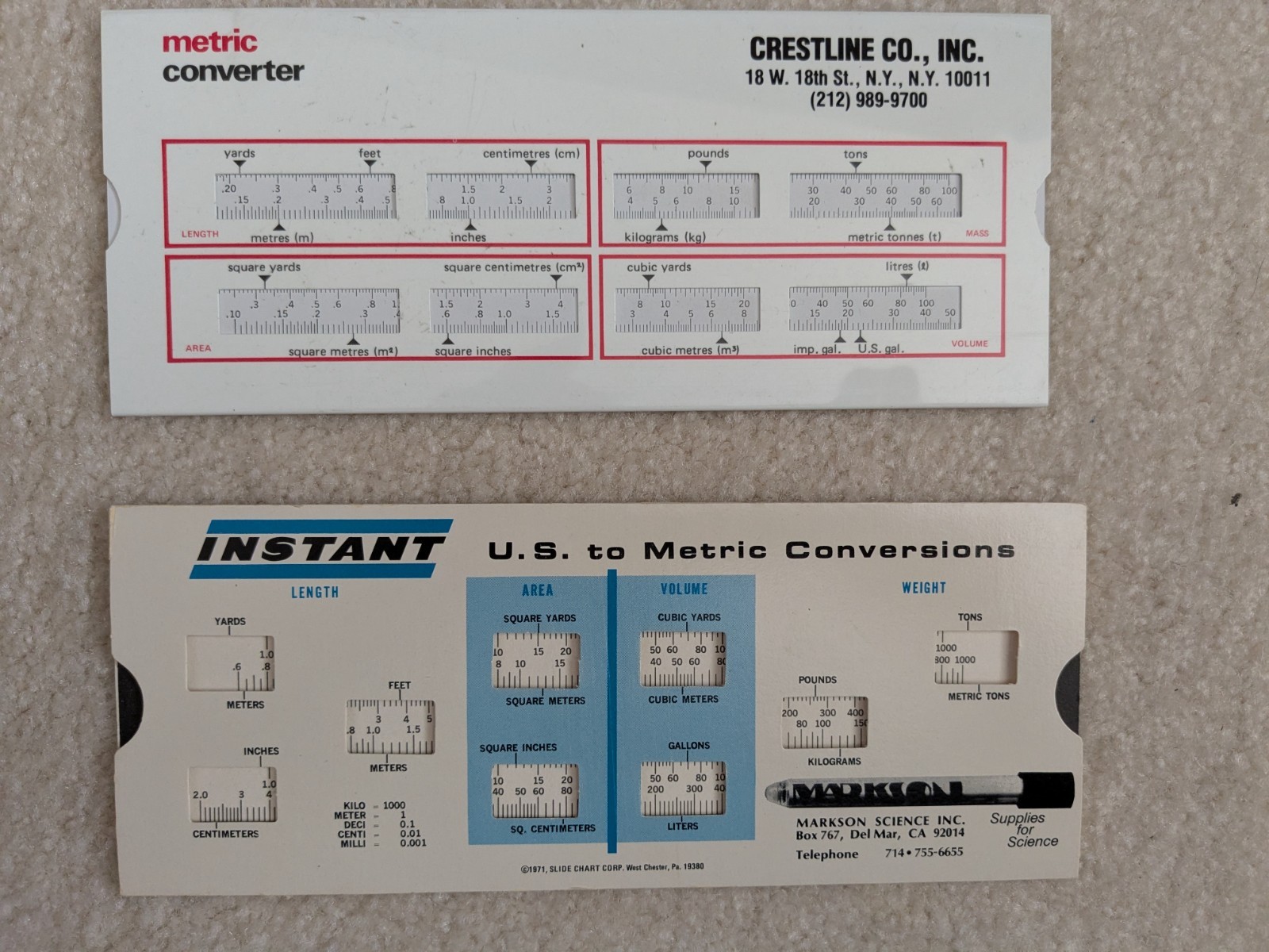 Vintage Metric Converter Card Pair–Crestline & Markson Science-Slider Style Tool